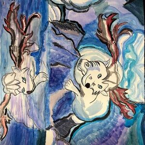 Artistic Wolf Painting with Blue and Red Accents